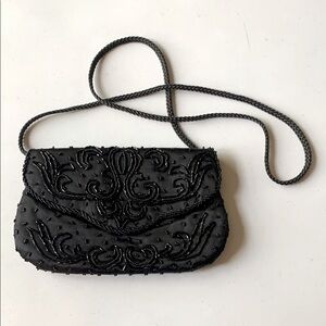 Elegant Black Beaded Evening Bag Snap Closure 5 1/2x8 1/2 inch